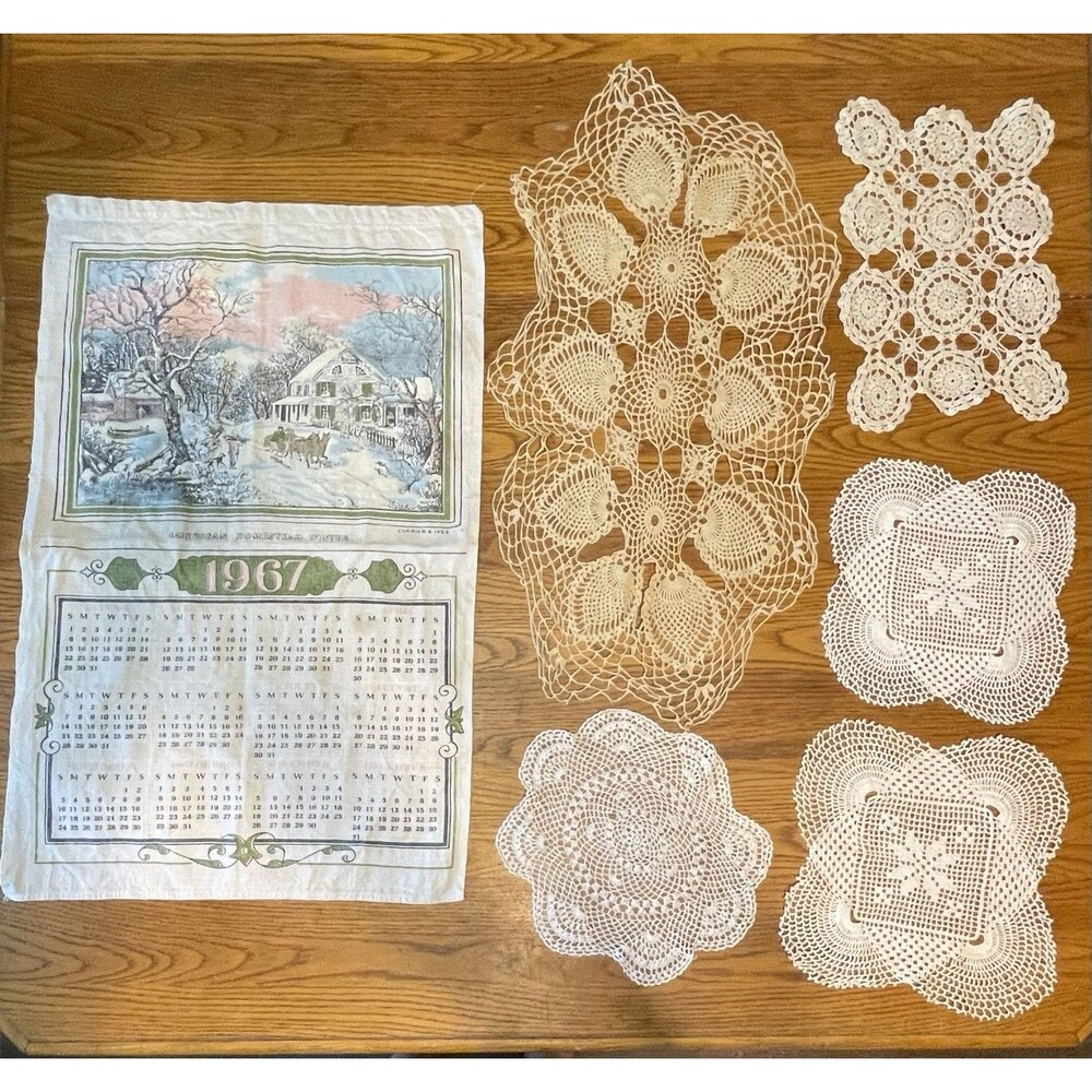 Vintage 1967 Currier Ives Calendar Towel & Handmade Crochet Doilies Lot Cottage